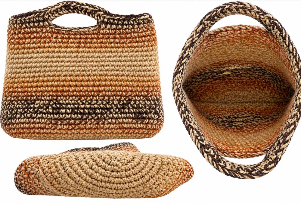 Boho Crochet Hobo Handbag Earth Tone Striped Purse Cream Tan Rust Brown